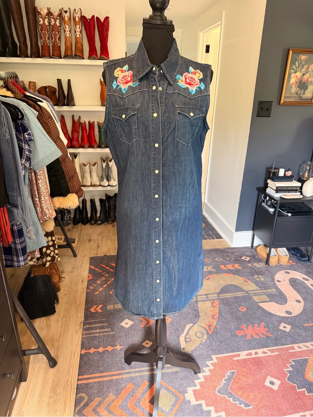 Stetson Dark Blue Sleeveless Denim Midi Dress with Embroidered Rose Yoke